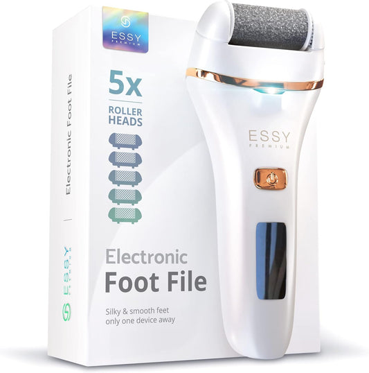 Essy Electric Foot File with 5 Replacement Rollers – Pedicure Tool for Smooth Feet, Ideal for Dry and Rough Skin Care (White)