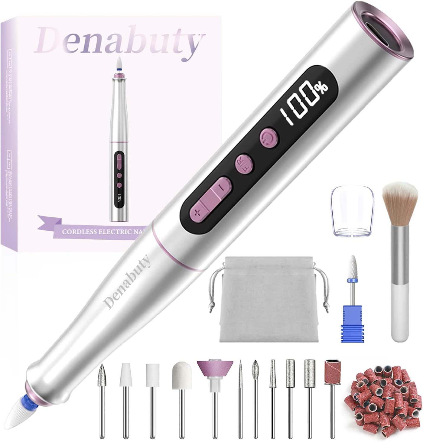 Denabuty Cordless Electric Nail Drill Machine – 13-in-1 Professional Nail File Kit, 35,000 RPM, Portable E-File with 5 Speed Settings for Acrylic & Gel Nail Care – Model DN-2402