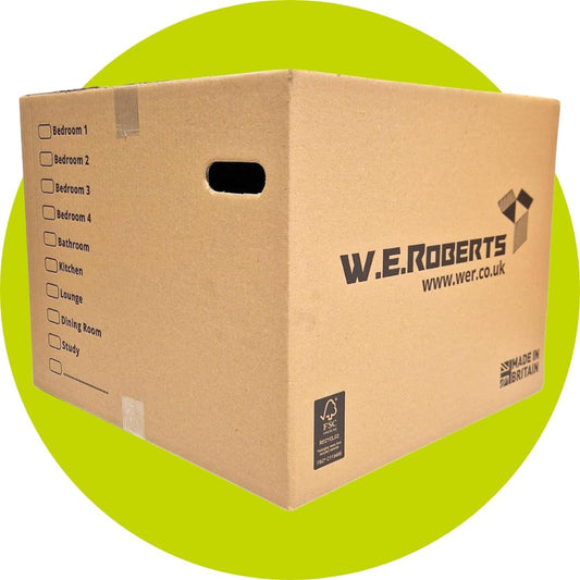 W.E. Roberts 10 Strong Extra Large Cardboard moving Boxes. Packing boxes for moving house with Printed Room List and Carry Handles 52cm x 52cm x 40cm cardboard Boxes