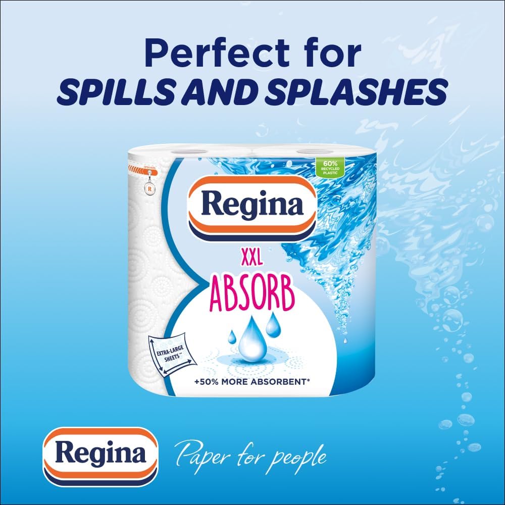 Regina XXL Absorb Kitchen Towels – 8 Rolls Per Pack, Super Absorbent 2-ply Kitchen Towels, 75 Sheets Per Roll, Extra-large Sheets, 50percent More Absorbent Than Previous XXL Products, Easy Open Pack