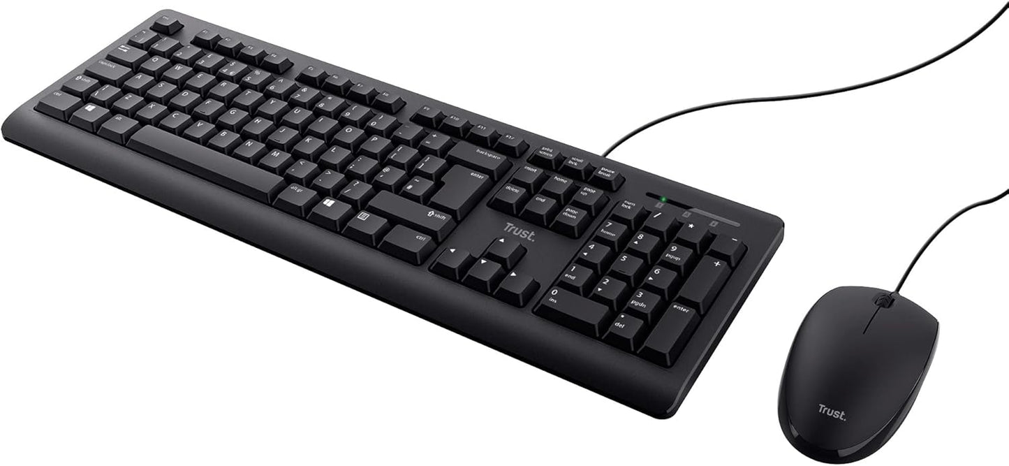 Trust Taro Wired Keyboard and Mouse Set - Qwerty UK Layout, Full-Size Keyboard, Spill-Resistant, 1.8 m Cable, USB Plug and Play, Quiet Combo for PC and Laptop - Black