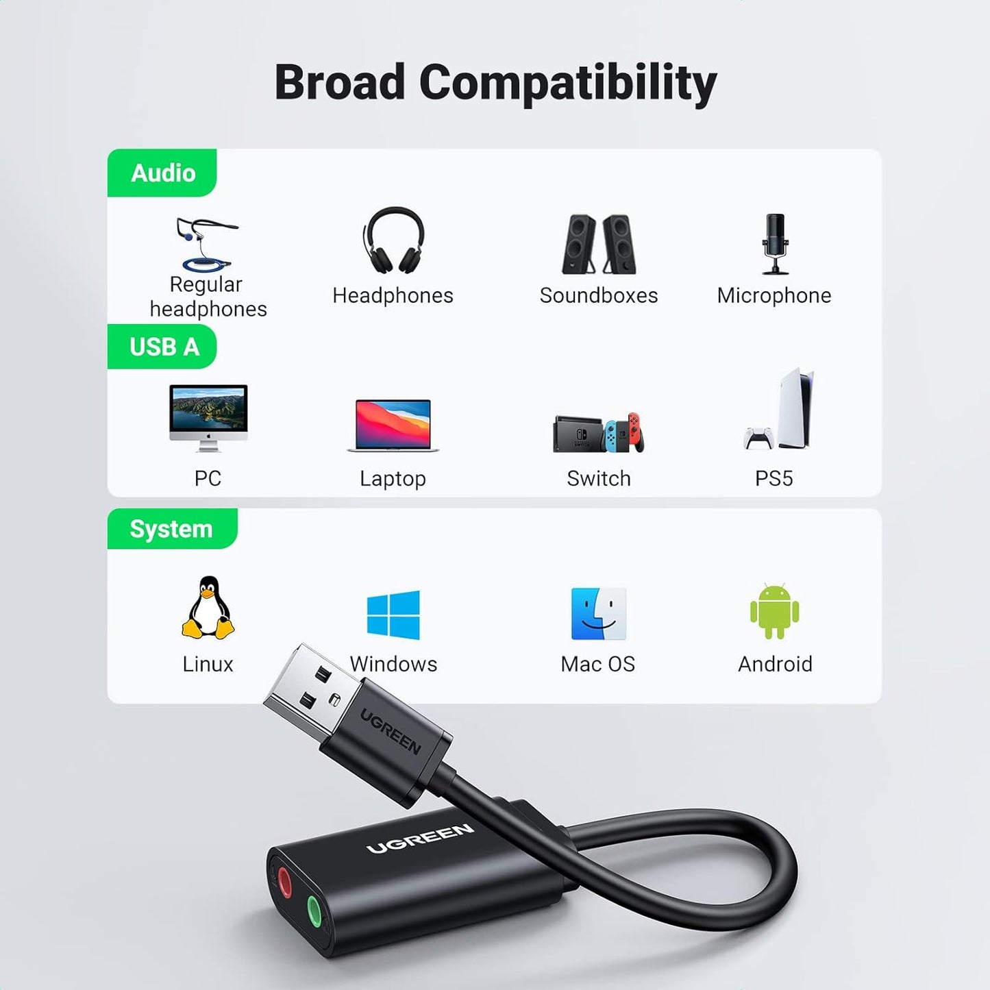 UGREEN USB Sound Card USB 2.0 to 3.5mm Jack Audio Adapter Dual Aux Stereo Headphone Microphone Splitter External DAC Dongle Compatible with Laptop PC PS5 PS4 Raspberry Pi 4 Mac Windows Linux Headset