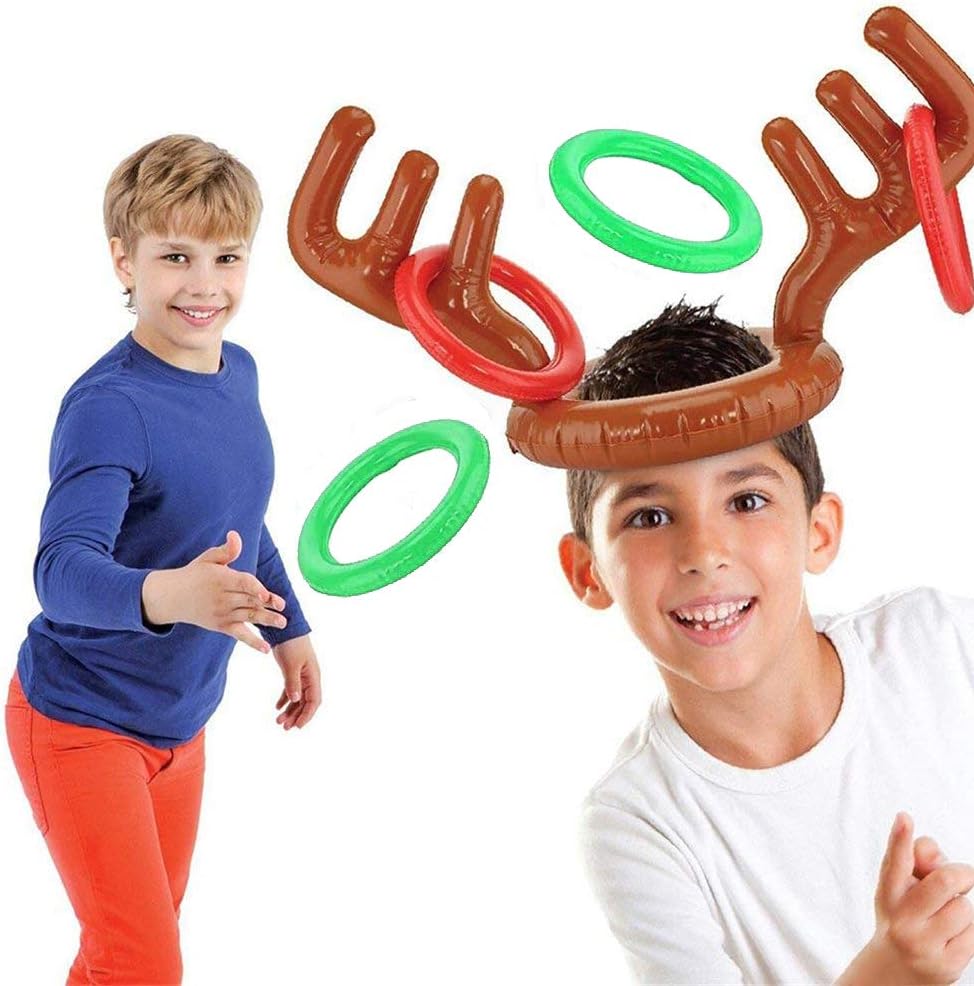 VEYLIN Christmas Party Toss Game Inflatable Reindeer Antler Hat with Rings for Kids Adults Family Xmas Fun Games