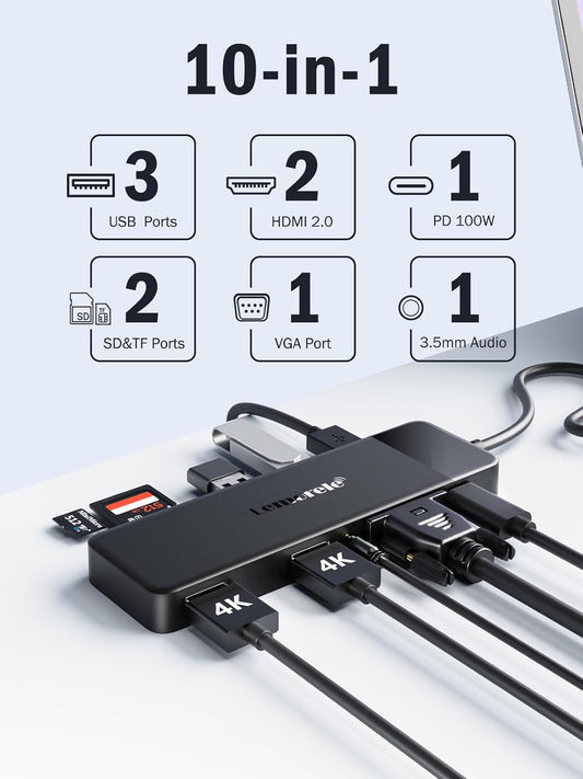 Docking Station USB C Hub 3*Display- 10 in 1, Lemorele USB C Dock 2*HDMI Adapter 4K, 3 USB 3.0/2.0, VGA, PD 100W, Audio, SD/TF, for HP Laptops, ThinkPad, MacBook, Surface