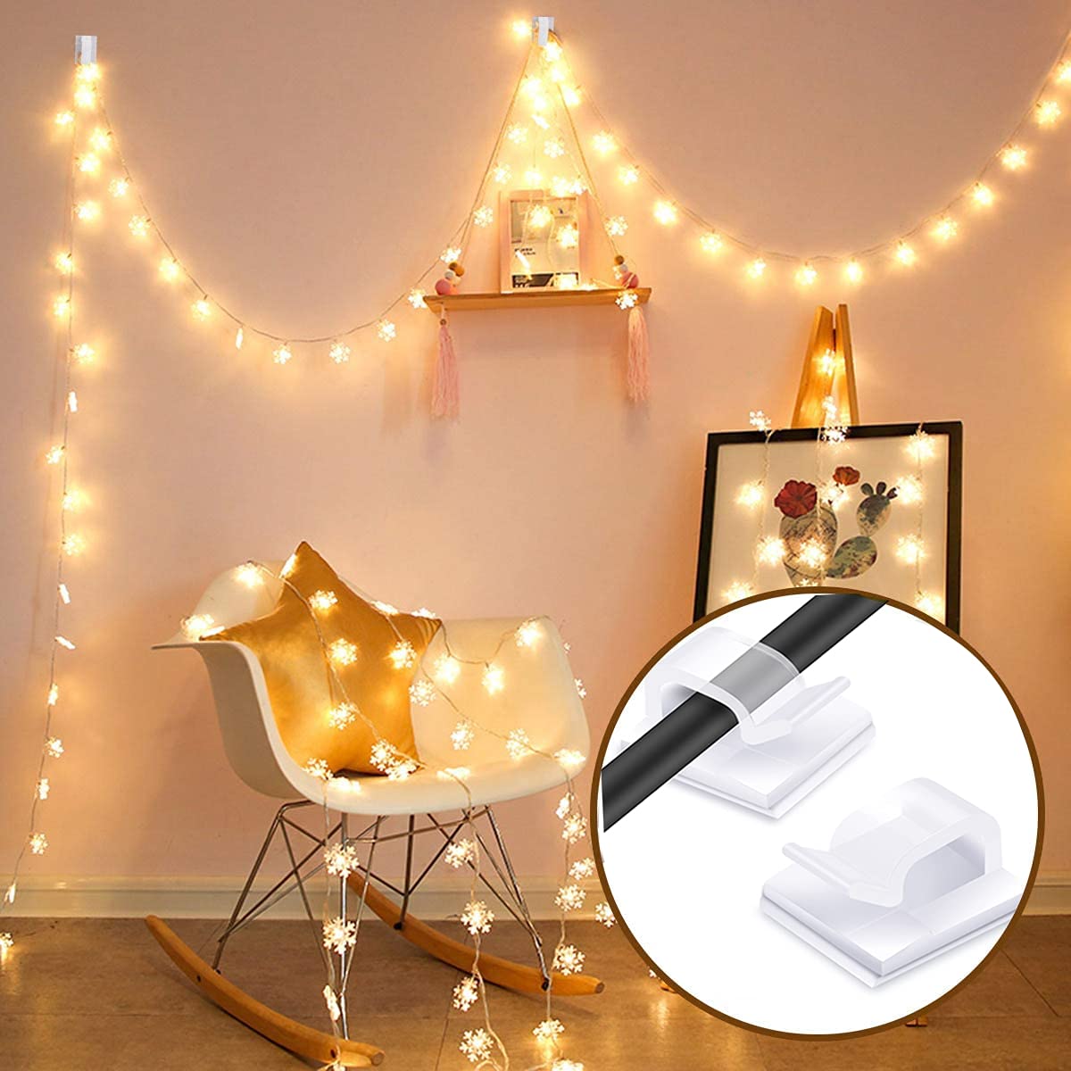 60PCS Cable Clips, RYCHUI Outdoor Light Wire Clips Self Adhesive Cable Tidy Hooks Cord Organiser Holder for Cable Management, Christmas Hanging Decorations Fairy Light - Transparent
