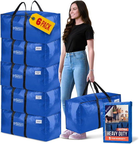 ClearSpace Heavy Duty Moving Boxes or Storage Bags – Storage Bins with Lids, Large Moving Bags with Backpack Straps & Handles – Moving Supplies for College Dorm or Christmas Decorations, 6 Pack
