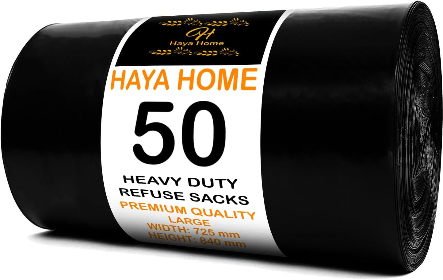 Haya Home 50 Black Plastic Bin Bags Liners, Refuse Sacks Pack of 50 X 1 Heavy Duty Waste Dustbin roll 100L for Kitchen Office DIY Garden Made from 100% Recycled Material