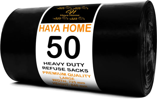 Haya Home 50 Black Plastic Bin Bags Liners, Refuse Sacks Pack of 50 X 1 Heavy Duty Waste Dustbin roll 100L for Kitchen Office DIY Garden Made from 100% Recycled Material