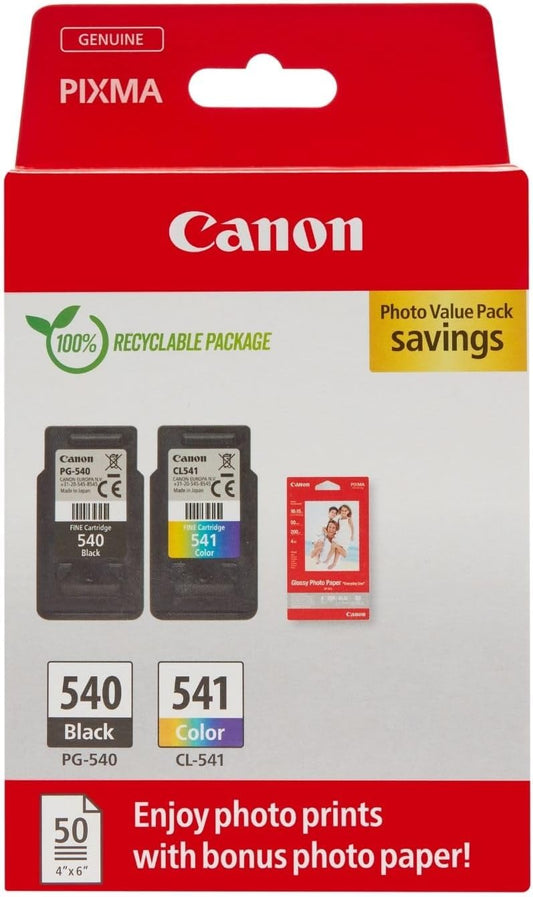 Canon Ink & Paper Multipack - PG-540/CL-541 Genuine Printer Ink Cartridges 2 Pack (1 x Black, 1 x Colour) & 4x6 Photo Paper (50 x Sheets)