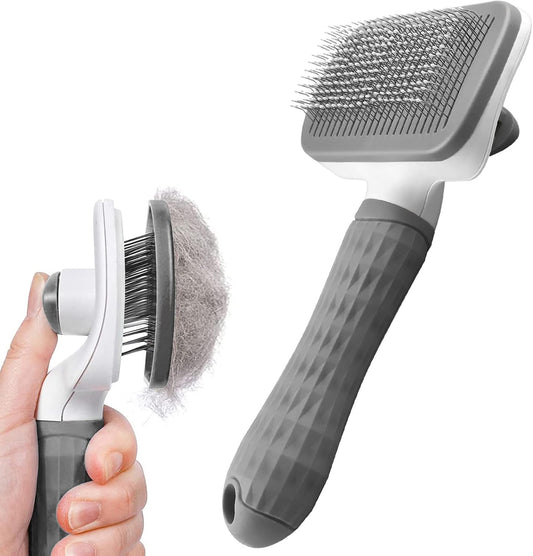 Dog Brush Cat Grooming Comb,Self Cleaning Pet Slicker Brushes with Smooth handle,Dog Grooming Tool with Button for Pet Shedding Brush Cat Massage Clean Tangled(Grey)