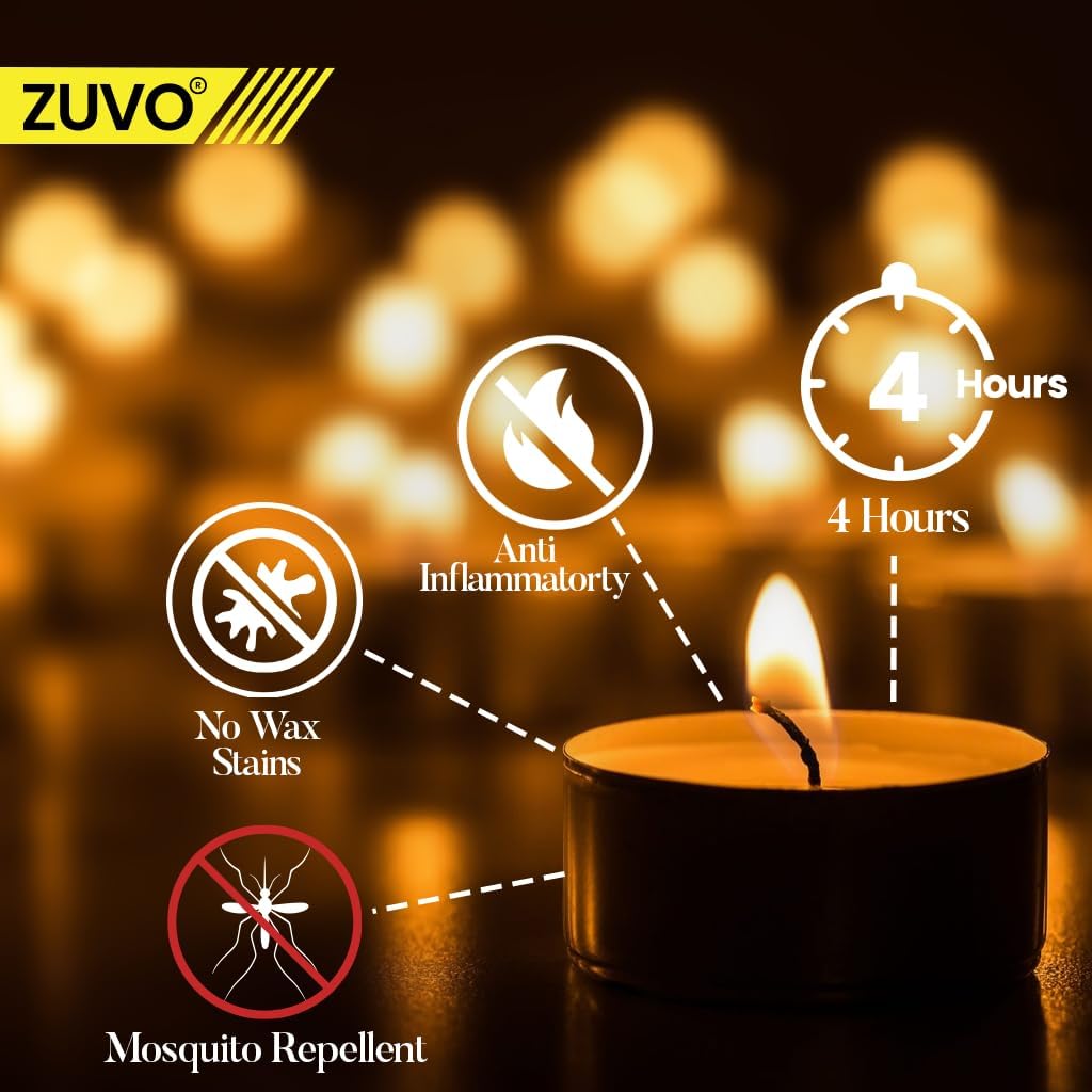 Zuvo Citronella Tealights - Pack of 25, 4-Hour Burn Scented Candles for Indoor & Outdoor Use, Insect-Repellent Tea Lights for Patio, Garden & Home, Yellow [Energy Class A++]