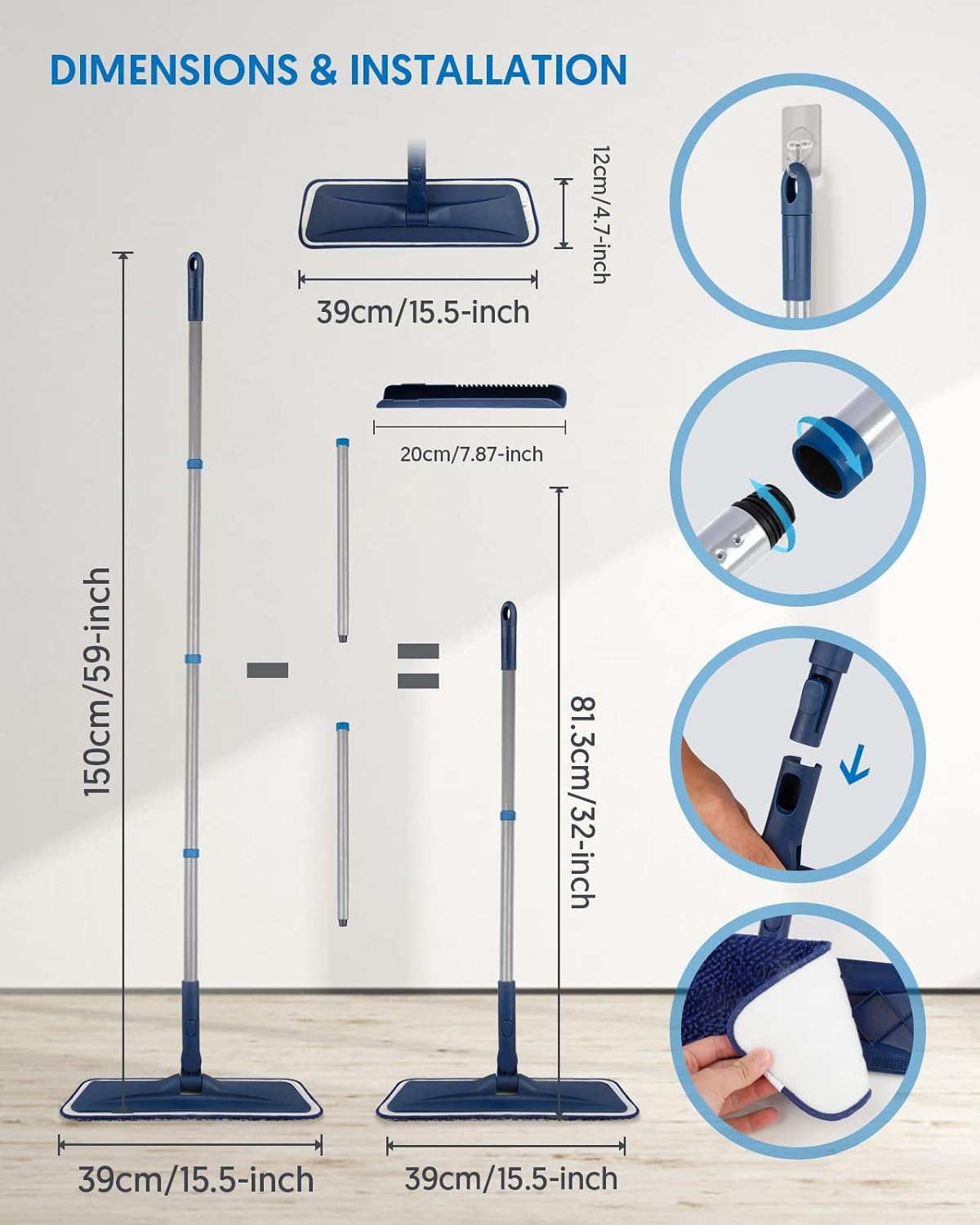 Microfibre Mops for Cleaning Floors - BPAWA 150cm Flat Floor Mop with 4 Washable Pads Reusable Chenille Wet Dry for Mopping Dust Hard Wood Laminate Vinyl Tile Wooden Small Bathroom Kitchen Walls