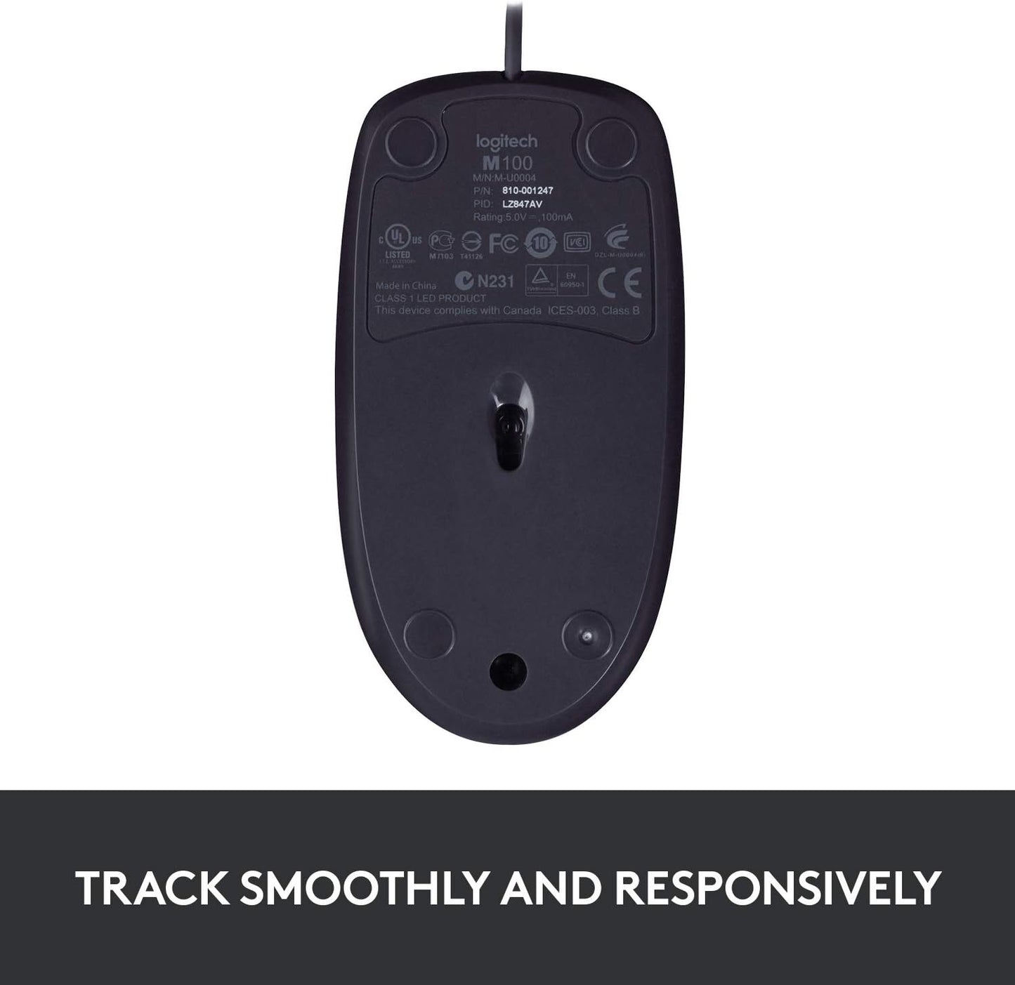 Logitech B100 Wired USB Mouse, 3-Buttons, Optical Tracking, Ambidextrous PC / Mac / Laptop - Black
