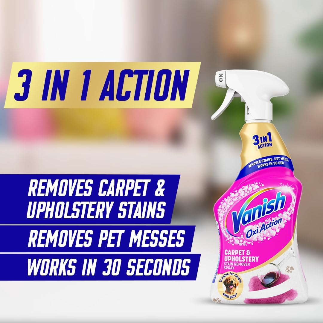 Vanish Professional Oxi Action Carpet & Upholstery Stain Remover Spray, 1L, Removes Stains, Pet Messes, Works in 30 Seconds, Removes Strong Odours, Suitable for Homes with Pets, Bleach Free