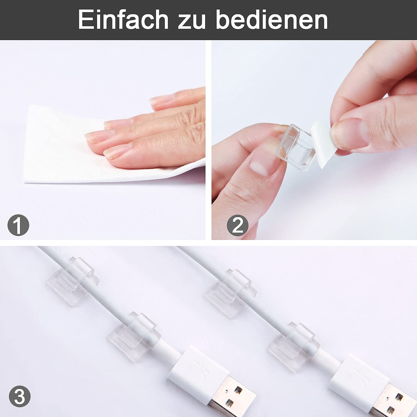 60PCS Cable Clips, RYCHUI Outdoor Light Wire Clips Self Adhesive Cable Tidy Hooks Cord Organiser Holder for Cable Management, Christmas Hanging Decorations Fairy Light - Transparent