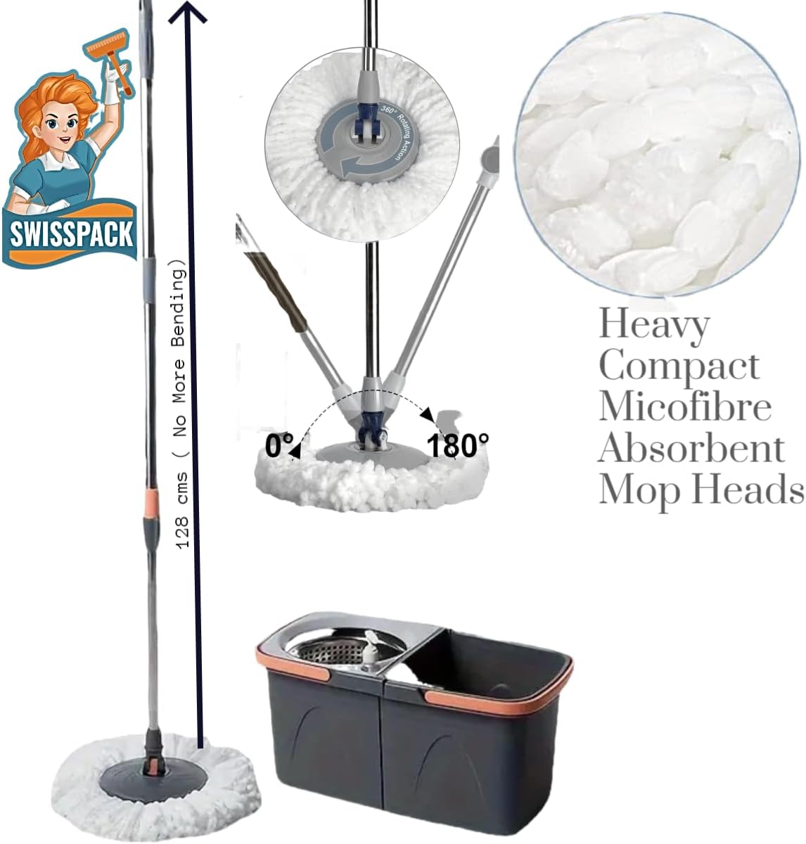 *NEW* SWISSPACK Revolving Spin Mop and Bucket With .5. Extra Pads Perfect For Easy Cleaning. Clean and Dirty Water Separtered For Perfect Finish (ORANGE-GREY) (ORANGE-GREY 1)