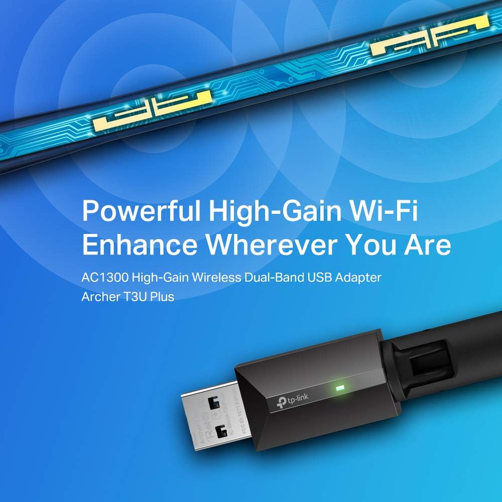 TP-Link Archer T3U Plus WiFi Dongle, AC1300 High Gain Wireless WiFi Adapter, Dual Band USB 3.0 MU-MIMO WiFi Dongle with 5dBi Antenna for PC/Desktop/Laptop, Supports Windows 11/10/8.1/8/7XP, Mac OS