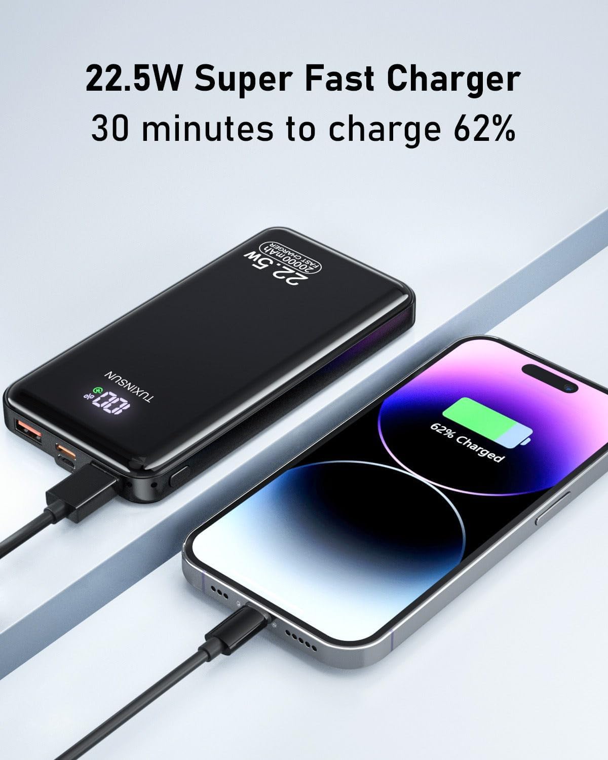 20,000mAh Portable Power Bank – 22.5W Fast Charging with PD3.0 & QC4.0, USB-C Charger with LCD Display, 3 Outputs & 2 Inputs – Perfect for Smartphones and Outdoor Use (Black)