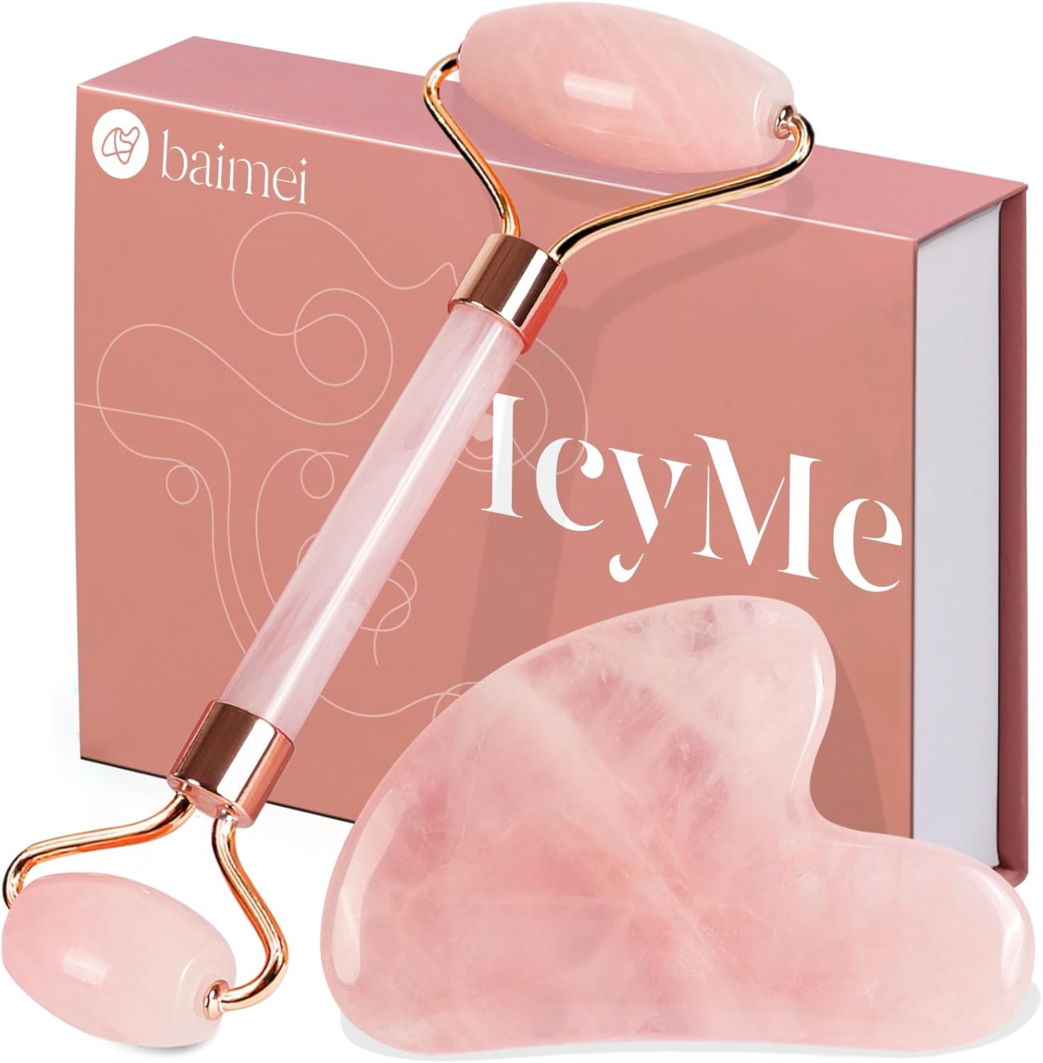 BAIMEI Gua Sha & Jade Roller,Guasha Tool face, Self Care Gift for Women and Men, Massager for Face, Eyes, Neck Care, Skin Care Gifts - Rose Quartz