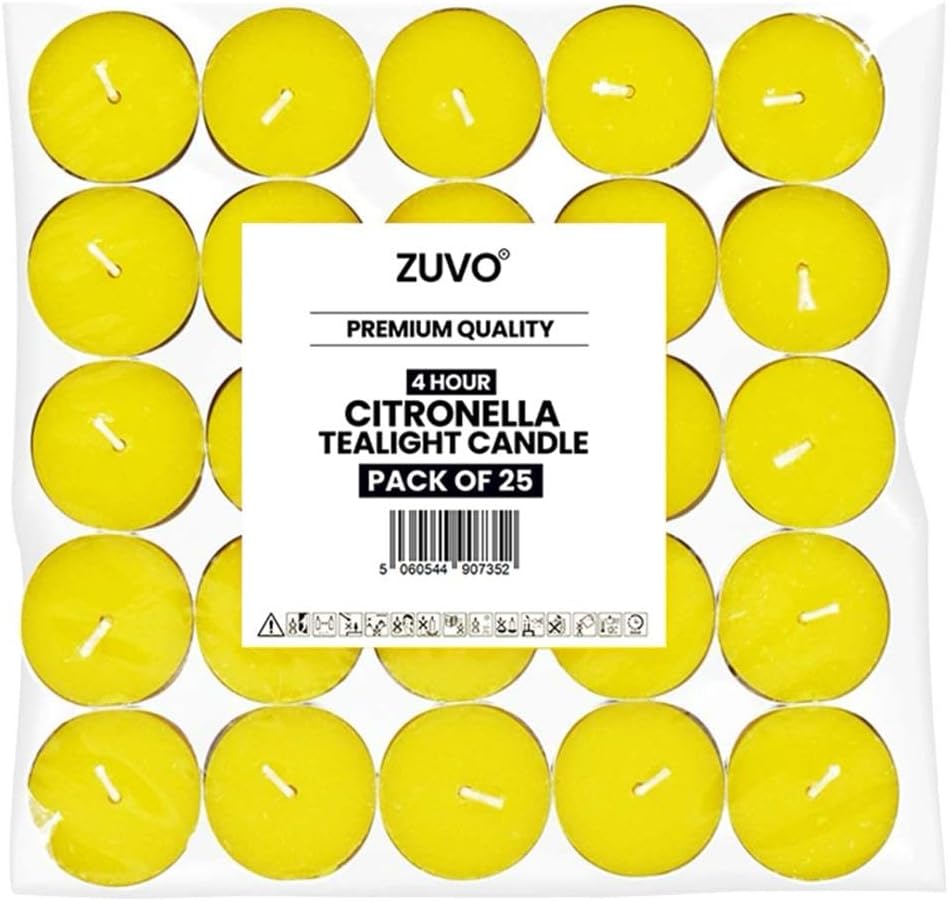 Zuvo Citronella Tealights - Pack of 25, 4-Hour Burn Scented Candles for Indoor & Outdoor Use, Insect-Repellent Tea Lights for Patio, Garden & Home, Yellow [Energy Class A++]