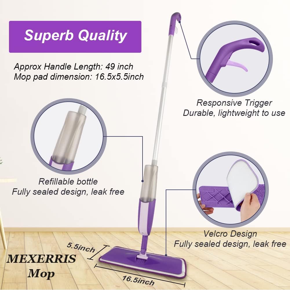 MEXERRIS Microfibre Spray Mop for Floor Cleaning Wet Dry Kitchen Floor Cleaning Mop with 2x Refillable Bottles 360°Rotatable Hardwood Mop for Laminate Wood Tiles 3x Reusable Pads and 1 Scrubber