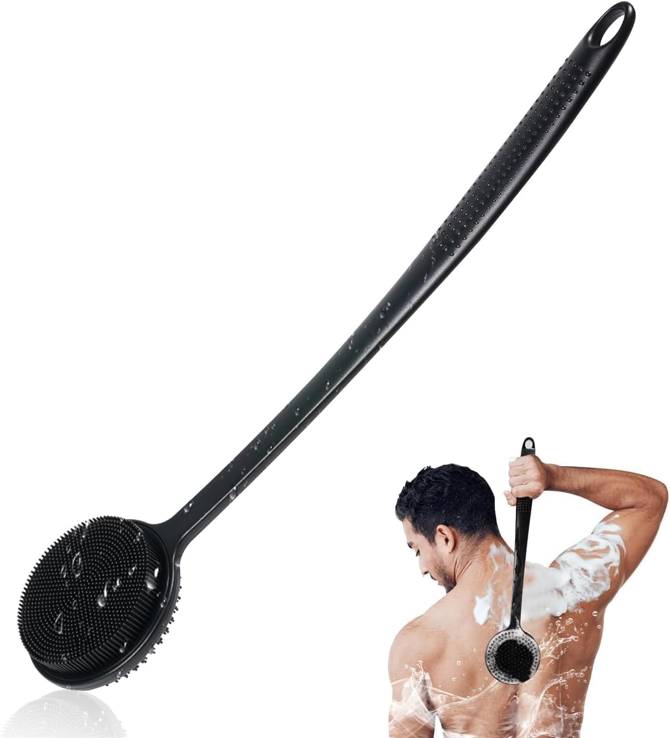 Silicone Body Scrubber for Shower with Long Handle, Double Sided Shower Brush for Shower Exfoliating and Massage Can Produce Rich Foam, Long Handle Back Scrubber for Men