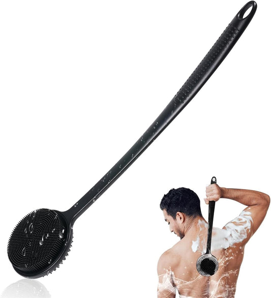 Silicone Body Scrubber for Shower with Long Handle, Double Sided Shower Brush for Shower Exfoliating and Massage Can Produce Rich Foam, Long Handle Back Scrubber for Men