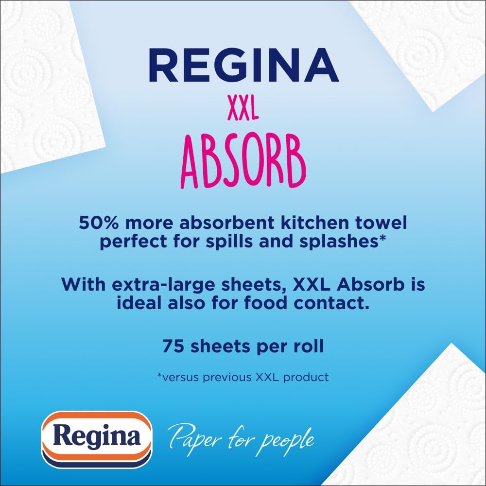 Regina XXL Absorb Kitchen Towels – 8 Rolls Per Pack, Super Absorbent 2-ply Kitchen Towels, 75 Sheets Per Roll, Extra-large Sheets, 50percent More Absorbent Than Previous XXL Products, Easy Open Pack
