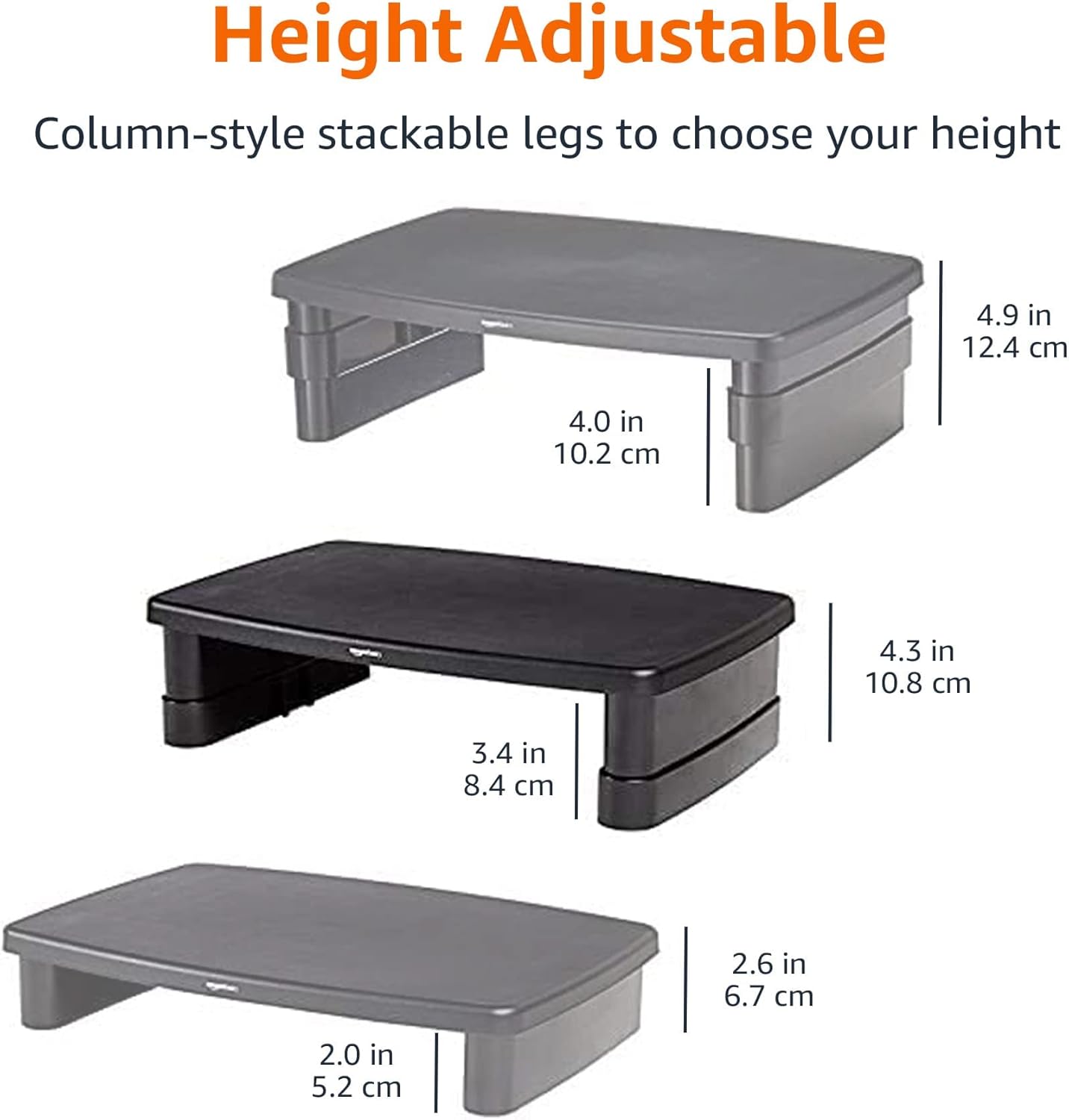 Rectangular Adjustable Computer Monitor Riser Desk Stand for Reduced Neck Strain, Fits Monitors, Laptops Up to 22lbs, Black