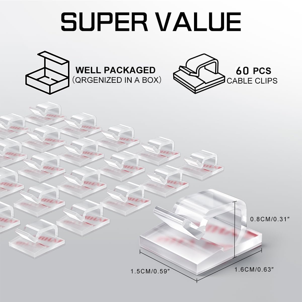 KGROTE 60Pcs Outdoor Light Hooks, Adhesive Fairy Light Clips, Sticky Cable Organizer Holder, Indoor Light Clips for Hanging Christmas Lights, Wall Cable, String Lights, Decorations (Clear, Small)