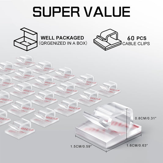 KGROTE 60Pcs Outdoor Light Hooks, Adhesive Fairy Light Clips, Sticky Cable Organizer Holder, Indoor Light Clips for Hanging Christmas Lights, Wall Cable, String Lights, Decorations (Clear, Small)