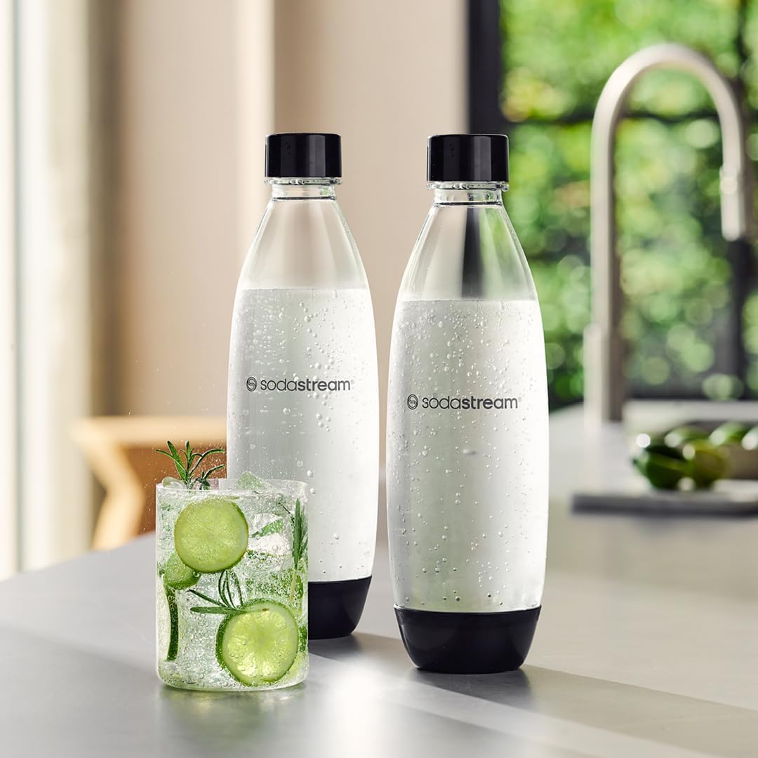 SodaStream 1 Litre Slim Reusable Dishwasher Safe Water Bottles Pack of 2 for Spirit, Terra, Art and Source Sparkling Water Makers for SodaStream Flavours - 2x 1 Litre Water, Black