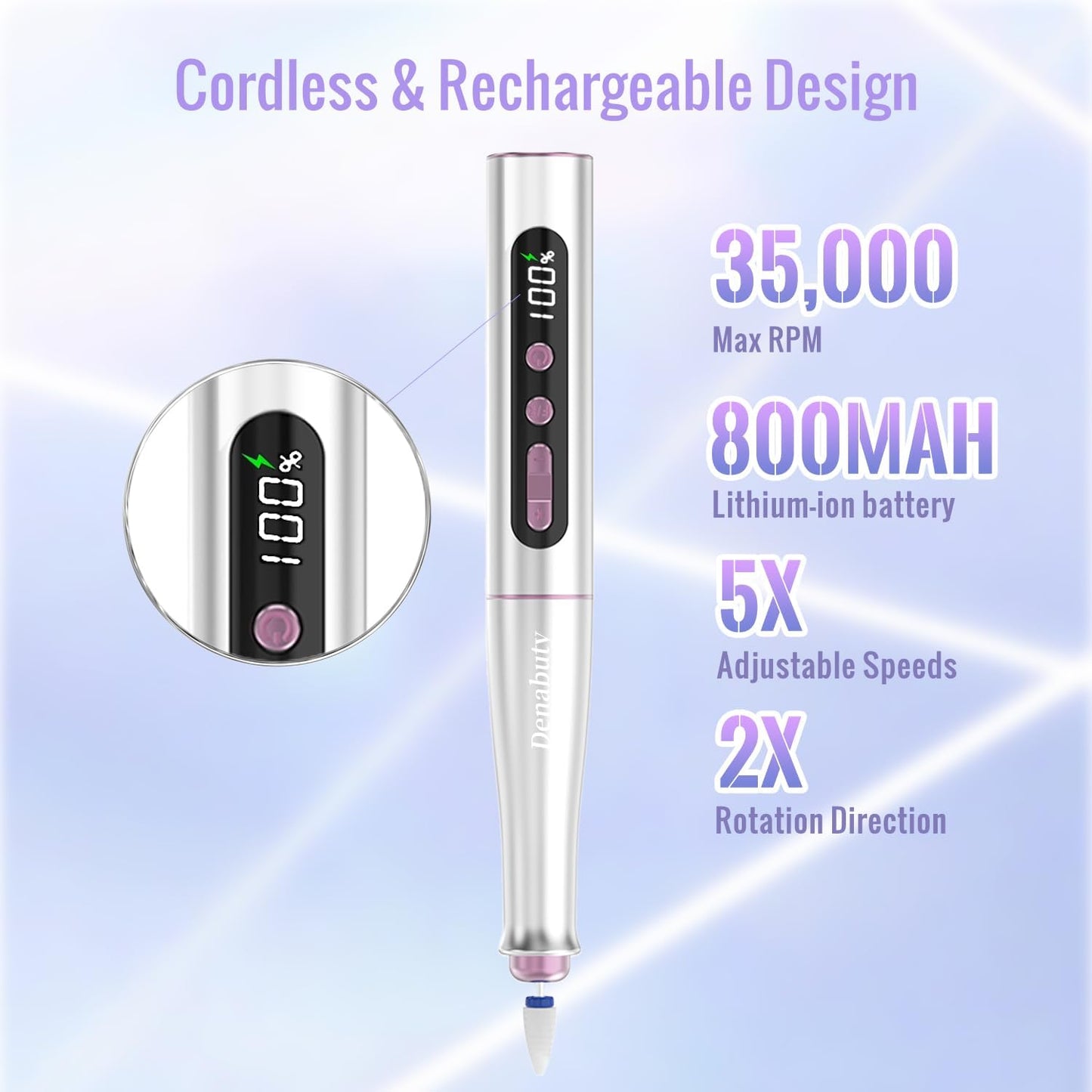 Denabuty Cordless Electric Nail Drill Machine – 13-in-1 Professional Nail File Kit, 35,000 RPM, Portable E-File with 5 Speed Settings for Acrylic & Gel Nail Care – Model DN-2402