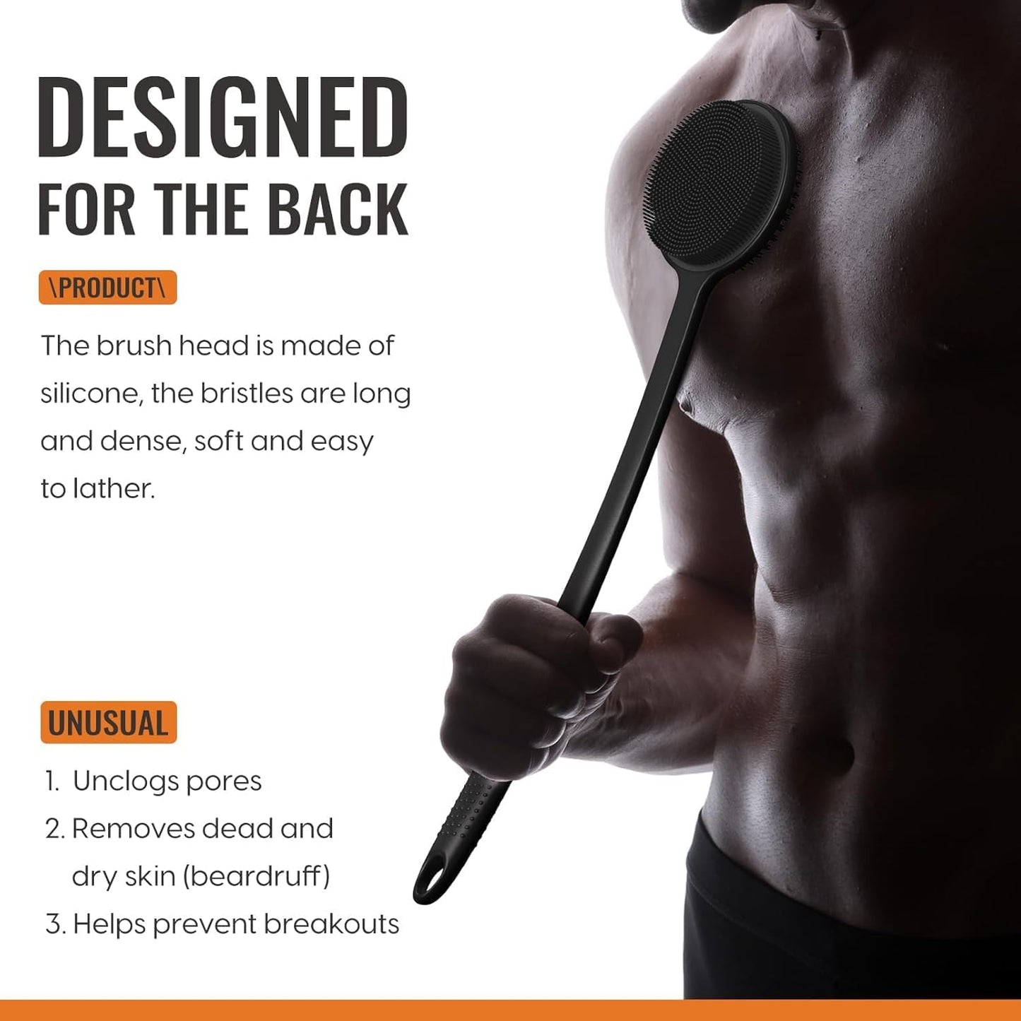 Silicone Body Scrubber for Shower with Long Handle, Double Sided Shower Brush for Shower Exfoliating and Massage Can Produce Rich Foam, Long Handle Back Scrubber for Men