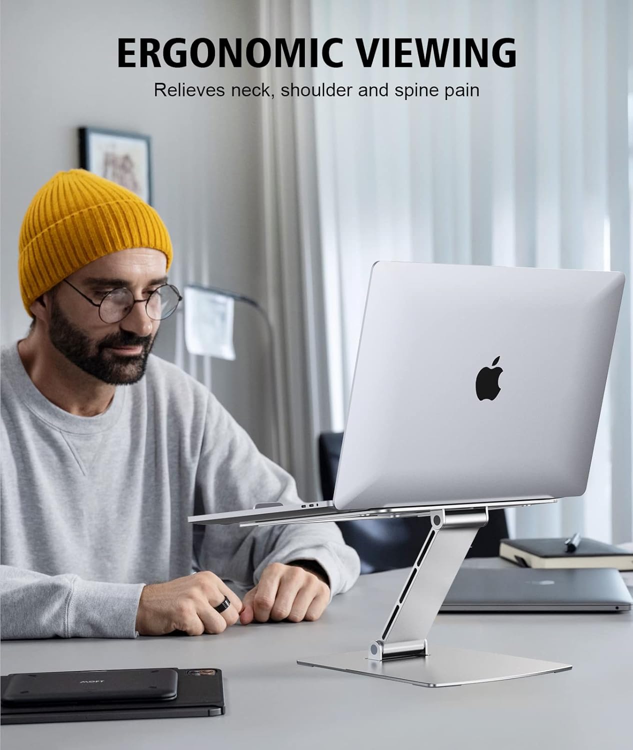 Glangeh Laptop Stand Adjustable Height, Ergonomic Air-Ventilated Laptop Riser Holder for Desk, Aluminum Foldable Laptop Cooling Pads Computer Stand Compatible with MacBook Air Pro (10-16")-Silver