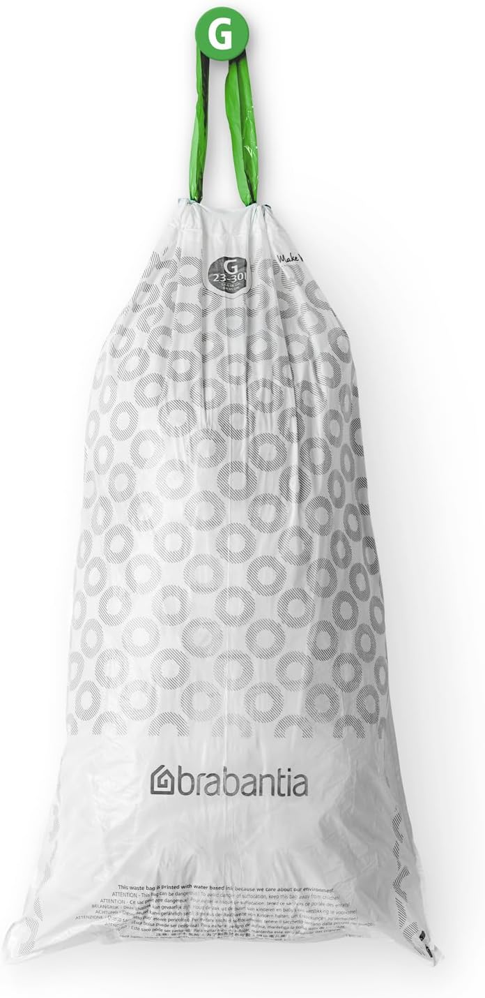 Brabantia PerfectFit Bin Liners (Size G/23-30 Litre) Thick Plastic Trash Bags with Tie Tape Drawstring Handles (40 Bags)