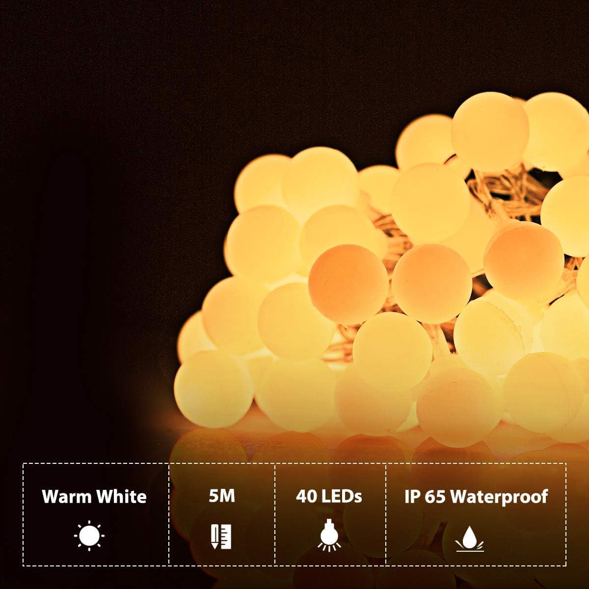 Fulighture Fairy Lights, 2 Lighting Modes, 16ft 40LEDs Ball IP65 Globe String Light Battery Operated, Decoraction for Indoor Lighting, Bedroom, Wedding, Party, Christmas, Tree