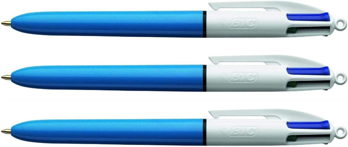 BIC 4 Colours Original Pens, Multi Coloured Pens All In One, Biro Pens, Medium 1.0mm, Green, Blue, Red, Black, 3 Pens Per Pack, 1 Pack