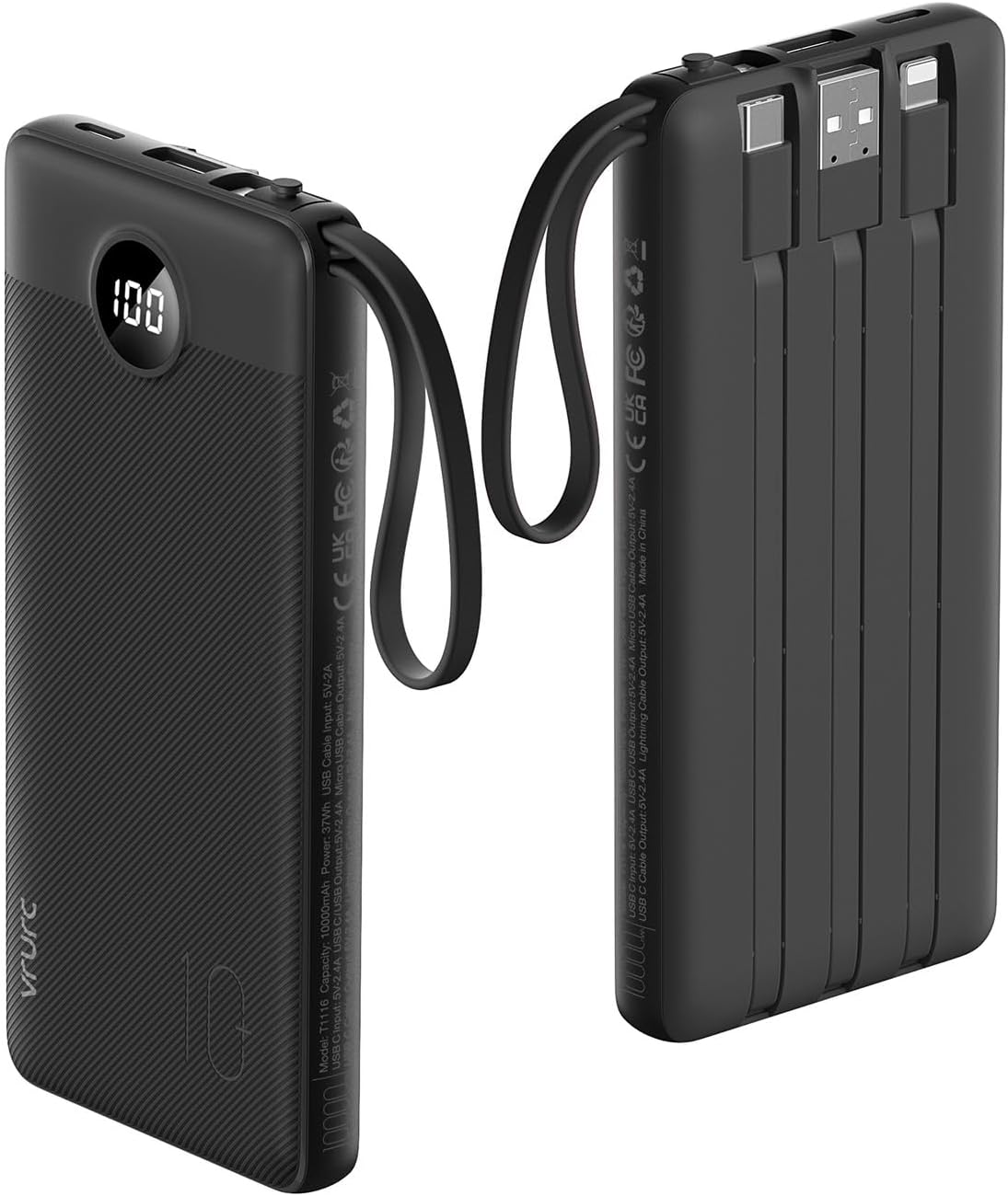 VRURC Portable Power Bank 10,000mAh with Built-In Cables – USB-C Portable Charger with 5 Outputs, 2 Inputs & LED Display – Compatible with iPhone 16/15/14, Samsung S21/S20, Xiaomi