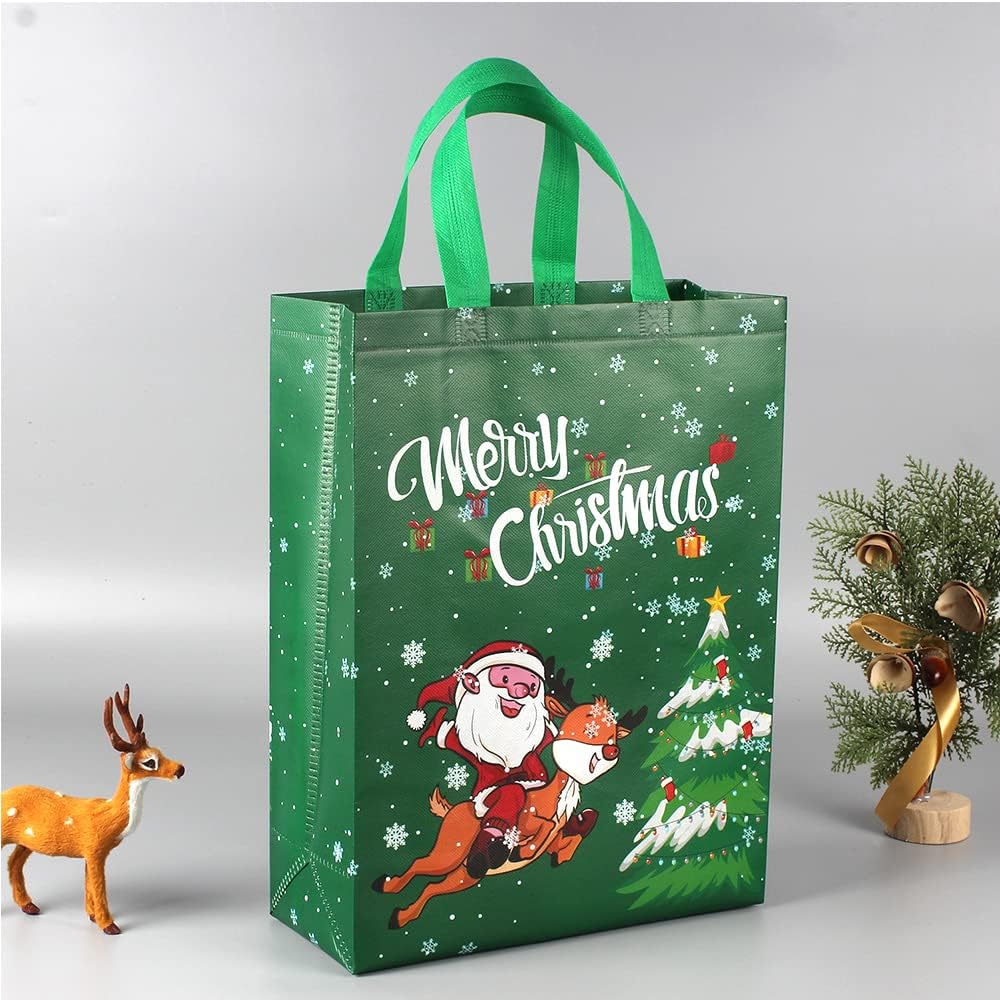 Volsha 4 Pack Christmas Reusable Grocery Bag,Large Tote Bag with Handle, Gift Present Bag, Shopping Bag for Holiday Xmas Event Party