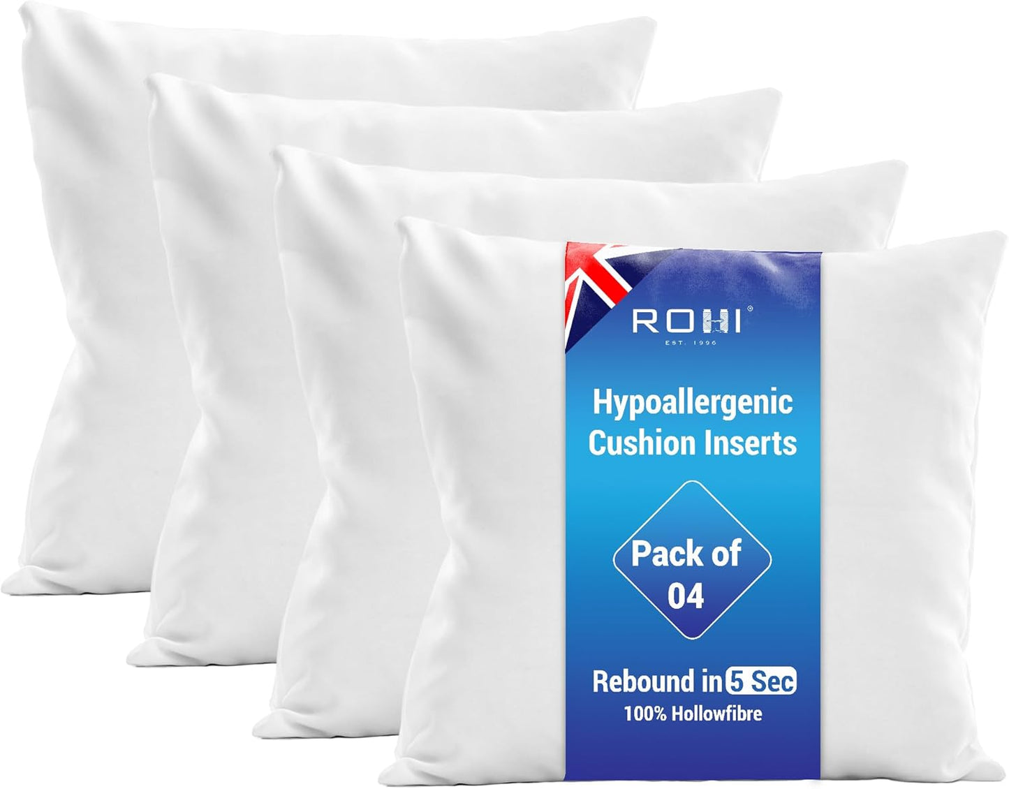 Rohi Set of 4 Hypoallergenic Cushion pads 45cm x 45cm - White polyster square Cushions - Standard stuffer pack of Cushion inserts 45cm x 45cm (Pack of 4 | 18"x18")