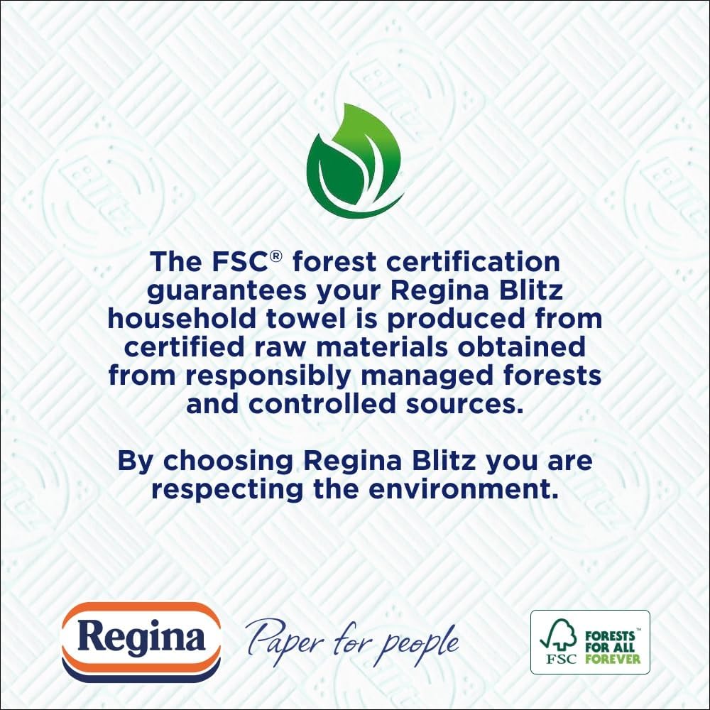 Regina Blitz Household Towels – 8 Triple Layered Rolls, 70 Sheets Per Roll, Paper Packaging, FSC Certified Paper, Recyclable Packaging, 60% Larger Than Standard Kitchen Roll Sheets