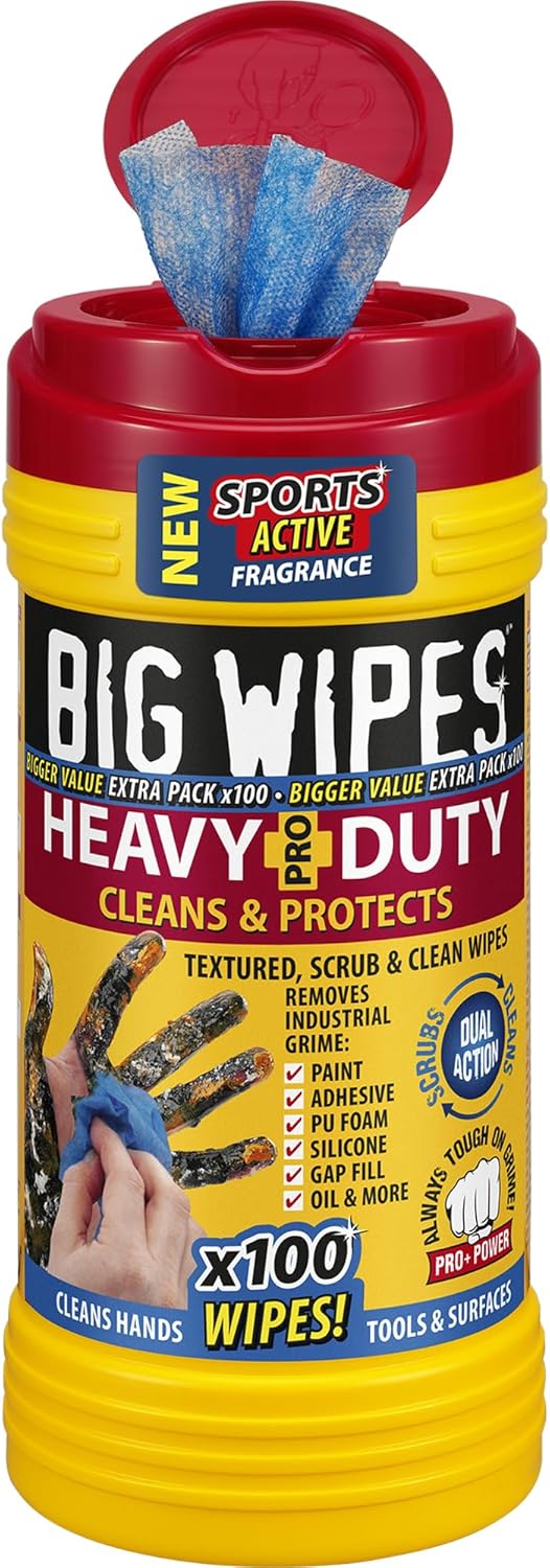Big Wipes Heavy Duty Pro+ Hand Wipes in Dispenser Tub (x100) Textured Dual-Sided with Skincare. Ultra Efficient on Grime. Heavy Duty & Industrial Cleaning Products for Tradespeople