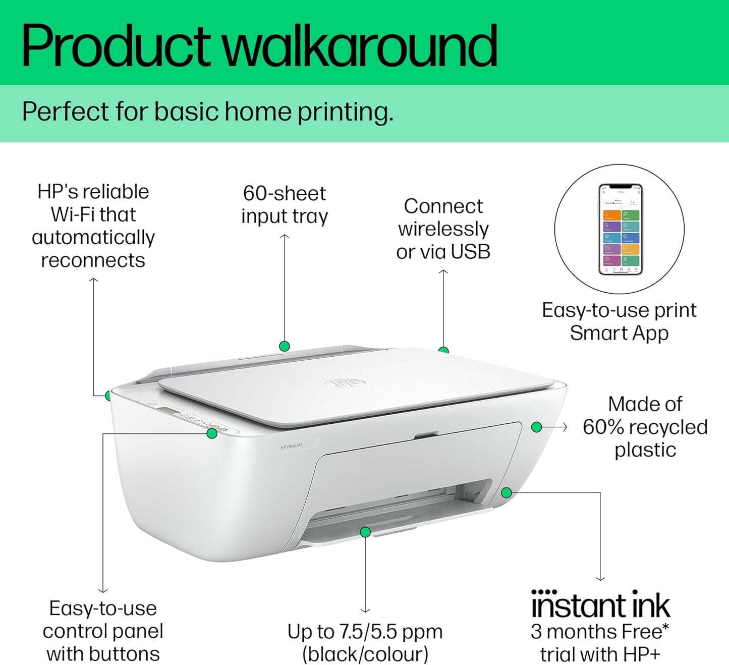 HP DeskJet 2810e All in One Printer | Perfect for Home | Colour | Wireless | Print, Scan & Copy | 3 Months of Instant Ink included Easy Setup & Reliable Wi-Fi | White