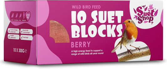 Suet Shop - Berry Flavoured Suet Blocks for Wild Birds, 300g (Pack of 10) - Enriched with Human Grade Beef Tallow, High in Energy & Protein - All-Season Bird Feed - Manufactured In The UK