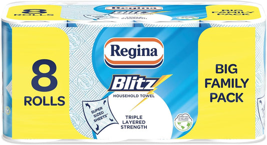 Regina Blitz Household Towels – 8 Triple Layered Rolls, 70 Sheets Per Roll, Paper Packaging, FSC Certified Paper, Recyclable Packaging, 60% Larger Than Standard Kitchen Roll Sheets