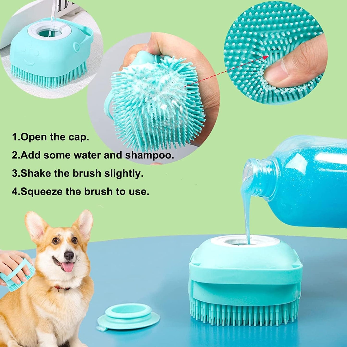 Dog Cat Bath Brush Soft Silicone Dog Rubber Bathing Brush Pet Grooming Shampoo Dispenser Brushes Puppy Cats Shower Hair Fur Grooming Cleaning Scrubber for Short Haired Dogs Cats Shower - Green