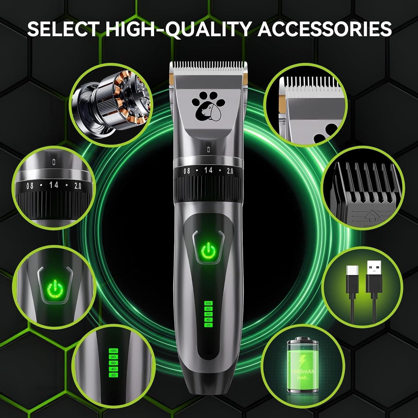 Cordless Professional Pet Clippers – 2-Speed Low Noise Grooming Kit for Dogs & Cats with Thick or Fine Hair