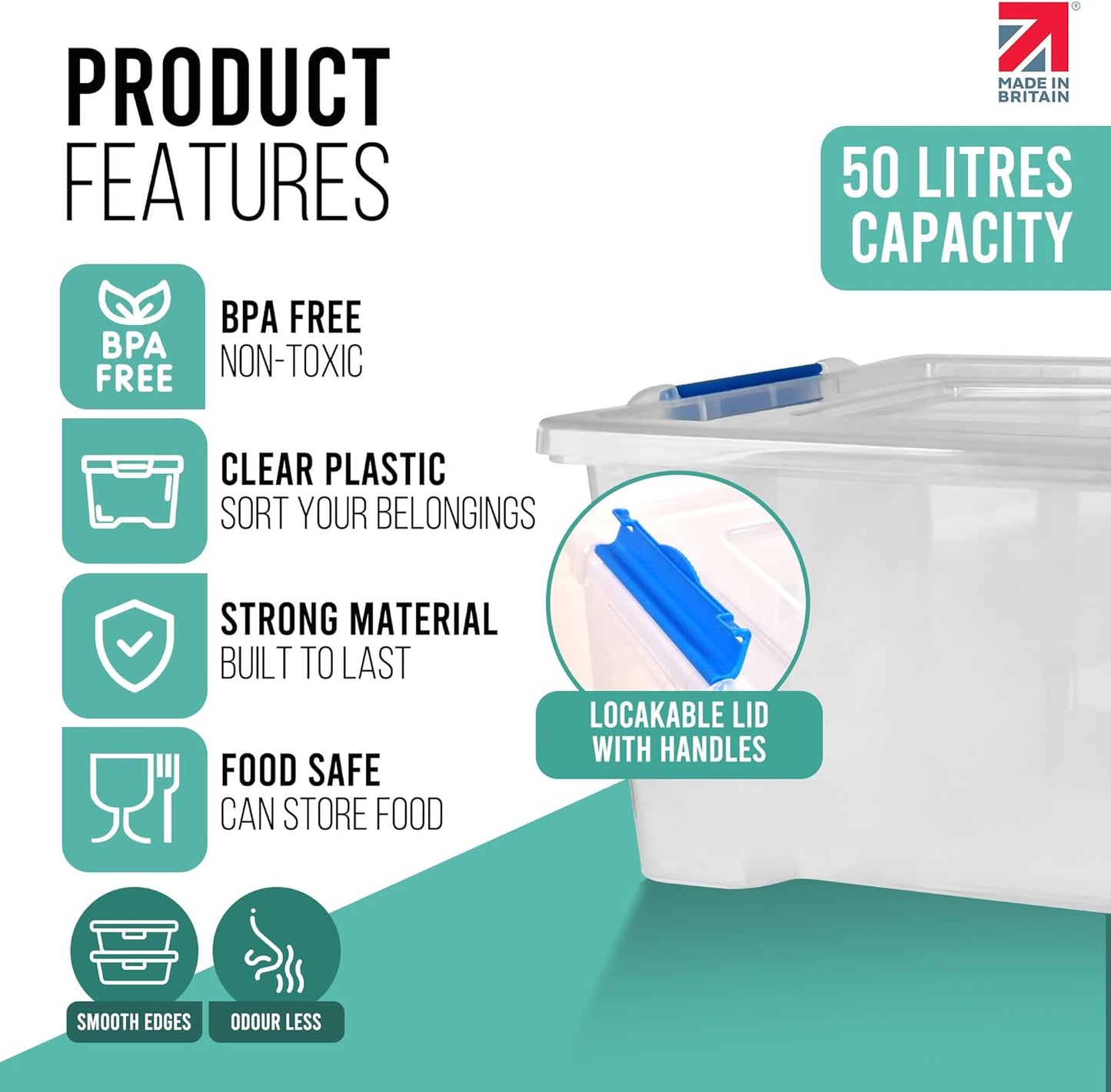 Klass Home Collection 3 x 50 Litre Storage Boxes with Lids Set of 3, Clip-Lock Lid, Sturdy 50L Clear Stackable Plastic Storage Box With Lid Containers For Home, Kitchen, Moving, Garage & Office
