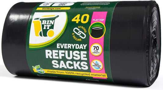 BIN IT 40 Everyday 70L Strong & Secure, Refuse Sacks, Bin Bags, Bin Liners, Flat Top, Recycled, Tear Resistant, 30 μm, Perfect for Everyday Use, Household, Office, Kitchen & Caterers